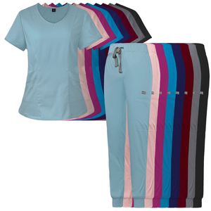 Conjuntos de uniformes médicos para mujer, top con cuello en V y bolsillos, pantalones con cordón, mezcla de algodón, tejido de punto, uniformes de hospital para enfermeras y médicos - Product Image 2