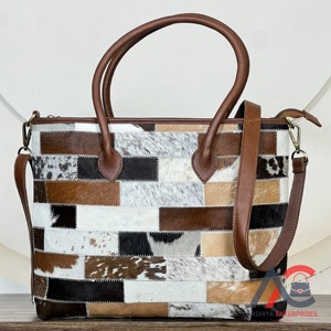 Bolso Tote Vintage de Cuero Vacuno Genuino con Parches para Mujer, con Correa Desmontable y Cierre de Cremallera, Bolso de Hombro para Uso Diario - Product Image 1