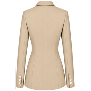 Blazer beige sur mesure pour femme, double boutonnage, coupe ajustée, manches longues, veste de costume formelle pour le bureau, uniforme professionnel avec logo - Product Image 2