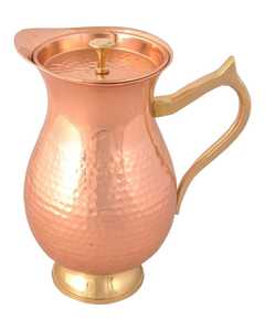 Pichet à eau en cuivre martelé avec poignée et base en laiton, couvercle, vaisselle ayurvédique, pichet de service traditionnel indien - Product Image 4