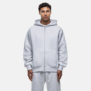 <b>Men's</b> Light Gray Hooded Tracksuit Full Zip Casual Loose Fit Solid Color Cotton Sweatshirt and Pants Set Autumn Wear - Product Image 3