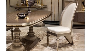 Ensemble de table à manger moderne de luxe en teck massif écologique avec 6 chaises, piédestal bronze champagne, design contemporain pour villa - Product Image 2