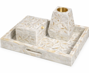 Ensemble de brûleur à bakhoor arabe de luxe, fait main, avec incrustation de nacre, en bois d'acacia, boîte à encens par Decor World Expo - Product Image 1