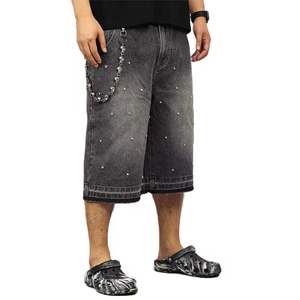 Pantalones Cortos de Mezclilla Personalizados al por Mayor, Estilo Vintage, Cintura Media, Desgastados, Lavado Ácido, con Pedrería, para Hombre - Product Image 2