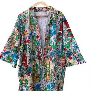 Bata Kimono con Estampado de Dibujos Animados para Mujer, Suave y Transpirable, 100% Algodón, Camisón de Verano Hecho a Mano, Cuello en V, Cintura Elástica, Largo Completo - Product Image 1