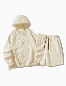 Ensemble décontracté 2 pièces à capuche pour femme, couleur unie, en polyester tricoté, short respirant, coupe ample, tenue d'été, longueur genou - Product Image 2