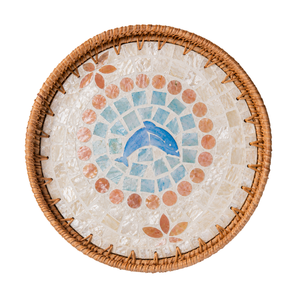 Premium Round Rattan Mother of Pearl Dolphin Design Serving <b>Tray</b> Decorative Dining Table Food <b>Basket</b> Platter Wholesale - Product Image 1