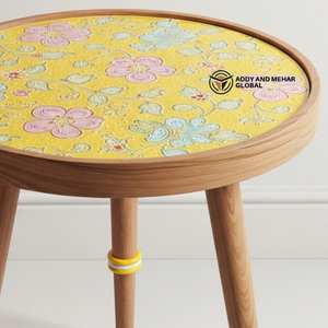 Yellow Meena Floral Design Round Wooden Side <b>Table</b> – Handcrafted Decorative Accent <b>Table</b> for Living Room & Bedroom - Product Image 6