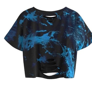 Ropa Deportiva de Buena Calidad, Top Corto Estampado para Mujer, Camiseta Tie Dye Lisa Teñida, 100% Algodón Transpirable, Camiseta de Manga Corta - Product Image 1
