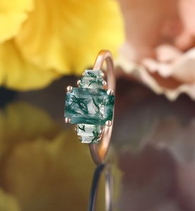 <b>Emerald</b> Cut Moss Agate Bridal <b>Ring</b> in <b>Silver</b> Classic Luxury Engagement <b>Ring</b> Vintage Wedding & Party Jewelry Gift Her Gold Plated - Product Image 2