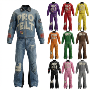 Streetwear Outerwear Vintage <b>Denim</b> Breathable Print Tracksuit Decorative Embroidery Studded Design 100% Cotton Custom OEM ODM - Product Image 1