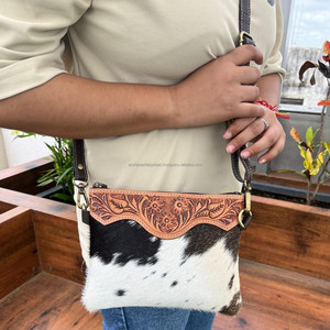 New Hair on <b>Tooled</b> <b>Leather</b> Small Crossbody Bag Western Brown Genuine <b>Leather</b> Wristlet Purse for Women Cowhide Cowhide Handbags - Product Image 2
