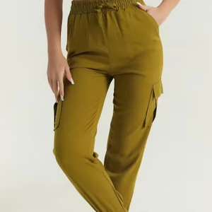 Pantalon cargo vert olive taille haute pour femme, coupe ample, avec cordon de serrage, longueur cheville, décontracté, en coton tricoté, avec poches, style automne - Product Image 4