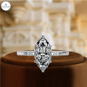 แหวนเพชรทรงมาร์คีส์ 1 กะรัต รับรองโดย IGI ประดับเพชรแบบฮาล์ฟเพฟ แหวนหมั้นเพชรเม็ดเดี่ยว ทองคำขาว 14k แหวนแต่งงานดีไซน์พิเศษ - Product Image 1