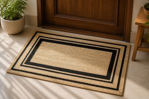 Alfombra de Yute Hecha a Mano, Duradera, Rectangular, con Patrón Geométrico Tradicional, Borde Negro Trenzado, Grosor Medio, 100% para Exteriores - Product Image 2