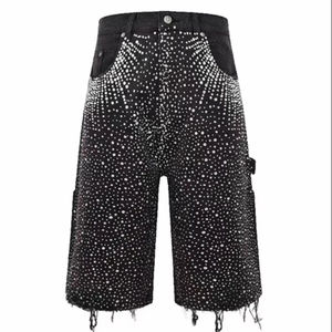 Pantalones Cortos de Jean Rectos de Verano para Hombre con Bordado Completo de Diamantes, Estilo Diseñador, Hip Hop, Cintura Media, Denim Lavado y Desgastado - Product Image 1