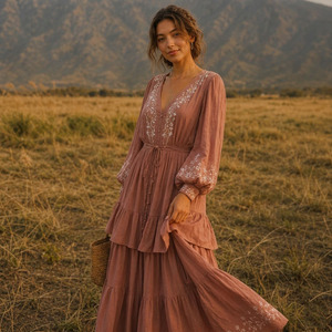<b>Boho</b> Chiffon Tiered <b>Dress</b> Women Polyester Woven Breathable Anti-Pilling Lightweight <b>Summer</b> Maxi <b>Dress</b> - Product Image 2