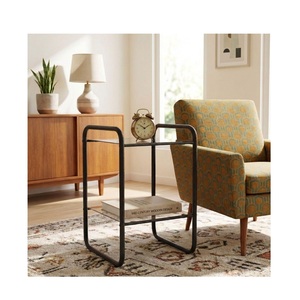 Industrial Bauhaus Accent Table 2 Layer <b>Square</b> Coffee Table with Tinted Glass Shelves and Curved Loop Tube Metal <b>Frame</b> - Product Image 2