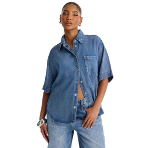 Wholesale Custom Women's Short Sleeve Shirt Unisex Denim Shirt Fabric <b>Ladies</b> Denim Shirts Casual Summer Style - Product Image 1