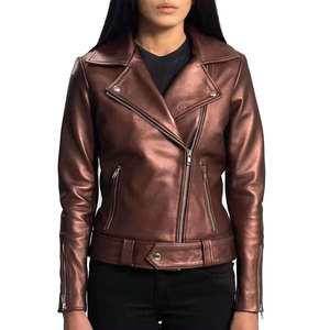 Veste de moto en cuir véritable pour femmes, manteau de motard à manches longues avec fermeture éclair, vêtements d'automne - Product Image 6
