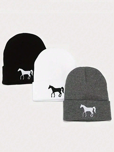 Gorro unisex bordado con diseño de caballo, 56-58 cm, gorro de punto informal para invierno, negro, blanco, gris, gorro para adultos, gorros para hombre - Product Image 1