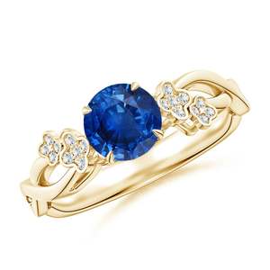 Bague de fiançailles florale en saphir bleu rond d'inspiration naturelle, bijoux fins faits à la main, personnalisés, mariage, fiançailles, or massif 14 carats - Product Image 1
