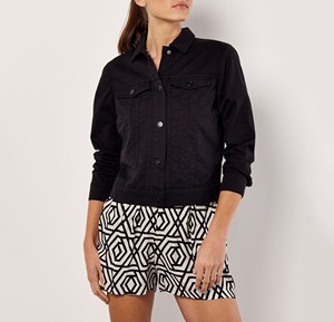Women's Black <b>Denim</b> Cotton Utility <b>Jacket</b> With Turn-down Collar Full Sleeve Solid Color Button Closure Autumn Wear - Product Image 1