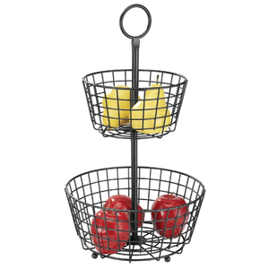 White Finished Double Tier Round Wire Storage <b>Basket</b> Stand for Kitchen Sundries Minimalist Metal Holder <b>Stackable</b> Design - Product Image 2