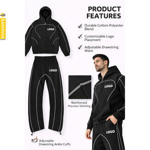 RTP Stitched Piping Zip Cropped Hoodie Baggy Track Pants <b>Set</b> Custom Heavyweight Fleece 2 Piece Casual Breathable Samavia Men's - Product Image 4