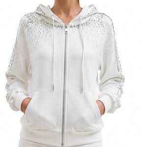 Sweat-shirt à capuche oversize blanc pour femme avec imprimé géométrique à paillettes, manches longues, en coton tricoté, pour l'automne - Product Image 5