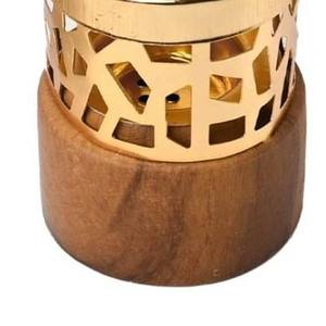 Minimalist Gold Metal Bakhoor Burner with Natural Wood Base Cylindrical Incense Censer for Oud Resin and Frankincense - Product Image 6