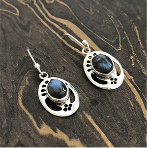 Handmade 925 Sterling <b>Silver</b> Labradorite Oval Gemstone <b>Dangle</b> <b>Earrings</b> with Floral Cutout Design - Product Image 2