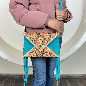 Best Selling Hand Tooled Suede <b>Leather</b> Crossbody Fringe Envelope Bag Western Genuine <b>Leather</b> Floral Carved Bohemian Shoulder Bag - Product Image 5