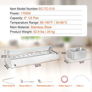 Scaldavivande Elettrico Commerciale 60QT a 5 Vasche con Coperchio in Vetro, 1500W, da Banco, in Acciaio Inossidabile, per Buffet, Bain Marie Manuale - Product Image 3