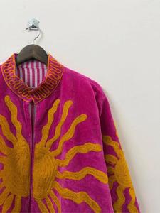 Premium Fuchsia <b>Velvet</b> Embroidered Suzani <b>Jacket</b> With Sun Pattern Full Sleeve Stand Collar Bohemian <b>Women</b> Winter Coat - Product Image 2