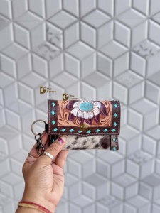 Hand Tooled Carving Western Hair on Hide Fur Leather <b>Small</b> Wristlet Coin <b>Purse</b> Multi Uses Mini Wallet for Women Western Gifts - Product Image 3