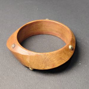 Unique Asymmetrical Tapered Wood Bangle with Gold <b>Sphere</b> Studs - Designer Hand-Carved Ergonomic Wooden Jewelry - Product Image 6