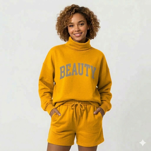 Women's Winter Solid Mockneck Top & Shorts Streetwear Two-Piece <b>Set</b> Women's <b>Set</b> Customized Logo Printin10 - Product Image 1