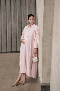 Vestido Camisero Midi Informal de Oficina, Manga Larga, Minimalista, Popelina 100% Algodón, Prelavado con Enzimas, Maternidad, Cierre de Botones, Verano - Product Image 4