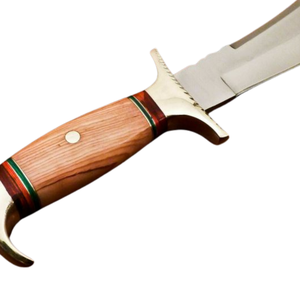 Cuchillo Bowie Hecho a Mano con Hoja Curva de Acero Plateado, Mango de Madera Marrón, Guardacuchillos Dorado y Funda de Cuero, Cuchillos de Caza Personalizados para Exteriores - Product Image 2