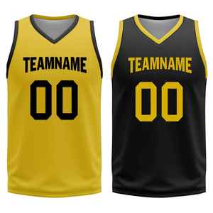 Ensemble d'uniformes de basketball personnalisés sublimés, impression de personnage, nom de l'équipe, maillot jaune et noir en mesh, short sans manches, respirant - Product Image 6