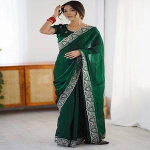 VASTRA COTTAGE Sari de Fiesta Rangoli con Blusa Rangoli Bordada, Color Verde, Atuendo Tradicional Étnico para Mujer - Product Image 1