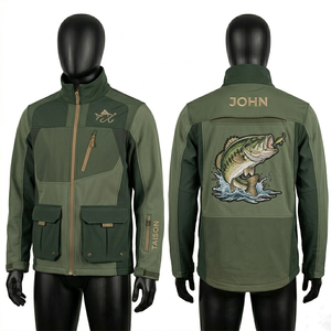 Mens fishing softshell <b>jacket</b> 320 GSM polyester spandex <b>waterproof</b> navy <b>grey</b> panel design embroidered logo custom outdoor wear - Product Image 2