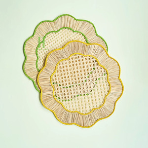 New Arrival 2026 Elegant Green Wavy <b>Placemat</b> Scalloped Rattan <b>Placemats</b> for Dining Table Boho Rattan Charger Plates - Product Image 1