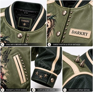 Chaqueta Bomber Varsity de Cuero Genuino Verde Oliva para Mujer con Diseño de Calavera Personalizado y Puños con Estrellas, Servicio de Fábrica OEM - Product Image 6