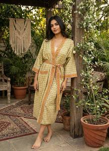<b>Bridal</b> Cotton Kimono <b>Robe</b> Hand Block Print Orange Floral Trim Women Dressing Gown Lounge Wear - Product Image 3