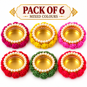 Decorative Tealight Holder with Pearl Border and Flower Design Pack of 6 Mixed <b>Colours</b> for Diwali Home Decor - Product Image 6
