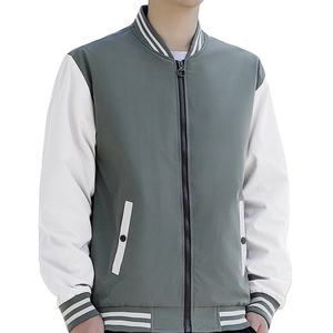 <b>Men</b> Varsity <b>Jacket</b> Grey <b>White</b> Sleeve Stand Collar Zipper Closure Casual Autumn Wear Regular Fit Polyester Cotton Shell - Product Image 1