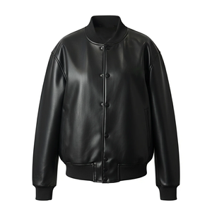 แจ็คเก็ตบอมเบอร์ผ้าไหม/ผ้าฝ้ายสีดำแบบยูนิเซ็กซ์ ซิปหน้าสไตล์วาร์ซิตี้ คอวี แขนเสื้อและชายเสื้อแบบพับได้ สตรีทแวร์สุดคลาสสิก - Product Image 1