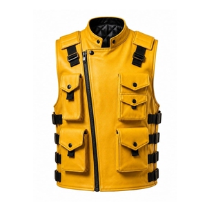 Nuevo Chaleco de Cuero Amarillo Hecho a Mano, Chaleco de Cuero Genuino para Motociclistas, Chaleco Utilitario con Múltiples Bolsillos - Product Image 1